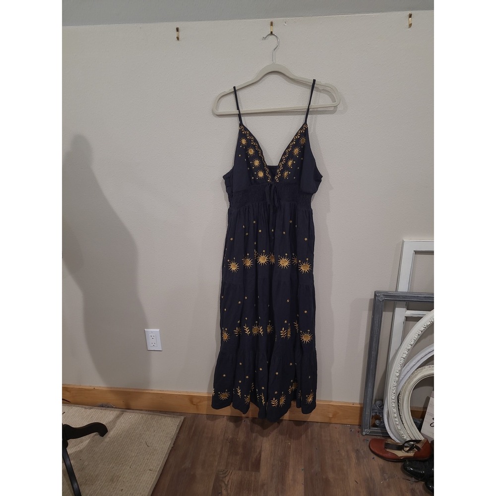 Boho Romwe Women SZ 2XL Black Sun & Star Embroidered tiered Maxi Dress celestial
